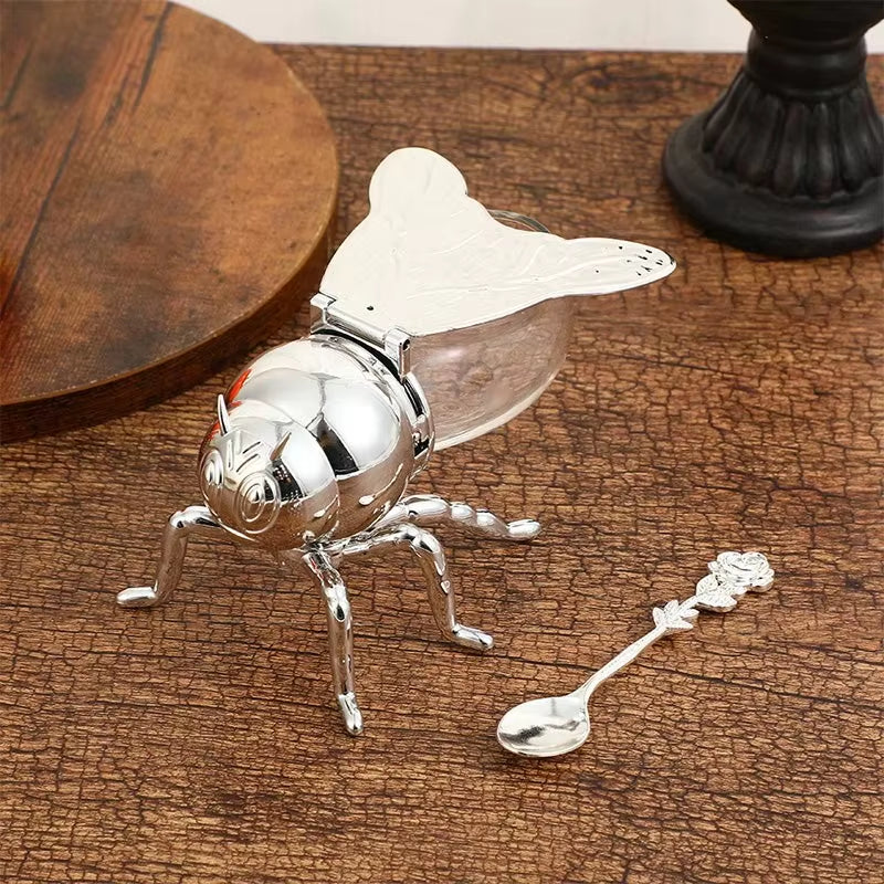 Bee-Shaped Honey Storage and Dispensing Container with Spoon - Decorative Spice and Seasoning Jar for Home Kitchen Use