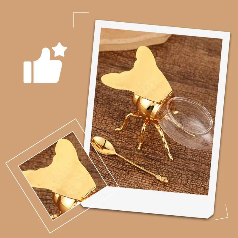 Bee-Shaped Honey Storage and Dispensing Container with Spoon - Decorative Spice and Seasoning Jar for Home Kitchen Use