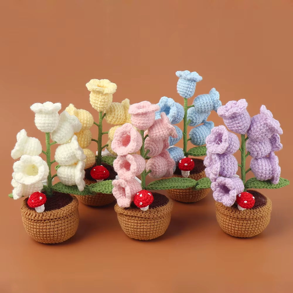 Handcrafted Crochet Bell Orchid and Knitted Potted Flowers for Elegant Desktop and Bookshelf Easter Decoration 2025