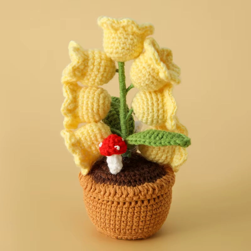 Handcrafted Crochet Bell Orchid and Knitted Potted Flowers for Elegant Desktop and Bookshelf Easter Decoration 2025