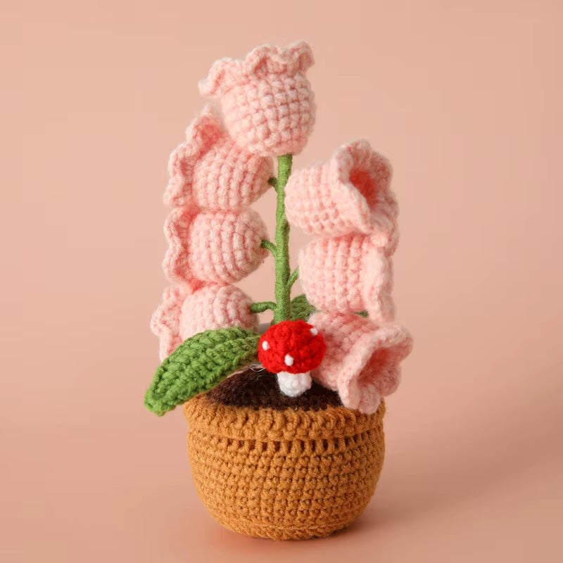 Handcrafted Crochet Bell Orchid and Knitted Potted Flowers for Elegant Desktop and Bookshelf Easter Decoration 2025