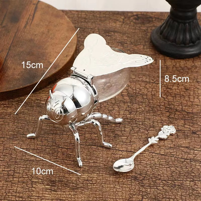 Bee-Shaped Honey Storage and Dispensing Container with Spoon - Decorative Spice and Seasoning Jar for Home Kitchen Use