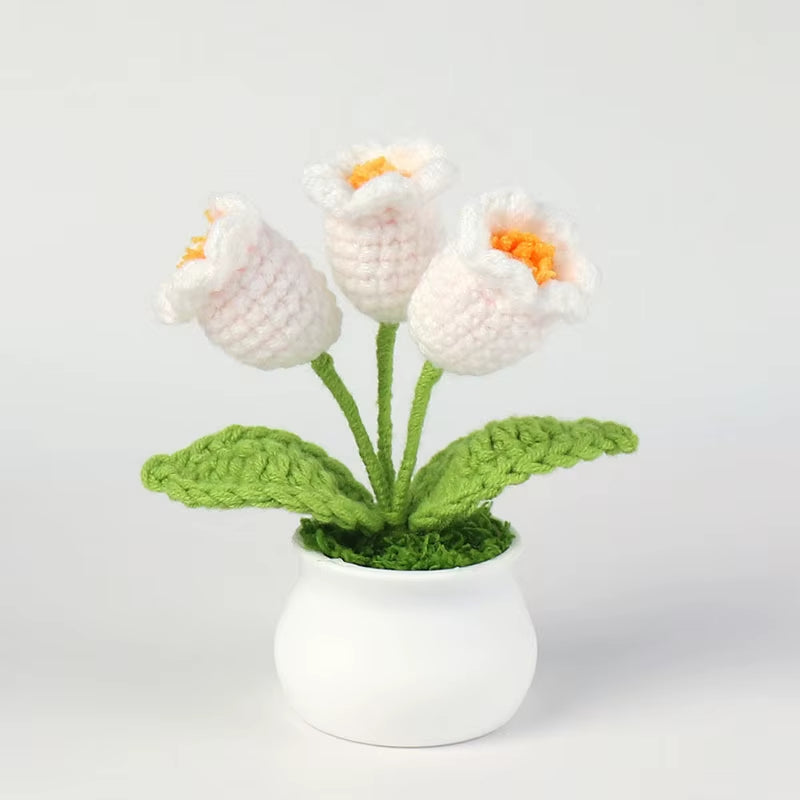 Handcrafted Crochet Bell Orchid and Knitted Potted Flowers for Elegant Desktop and Bookshelf Easter Decoration 2025